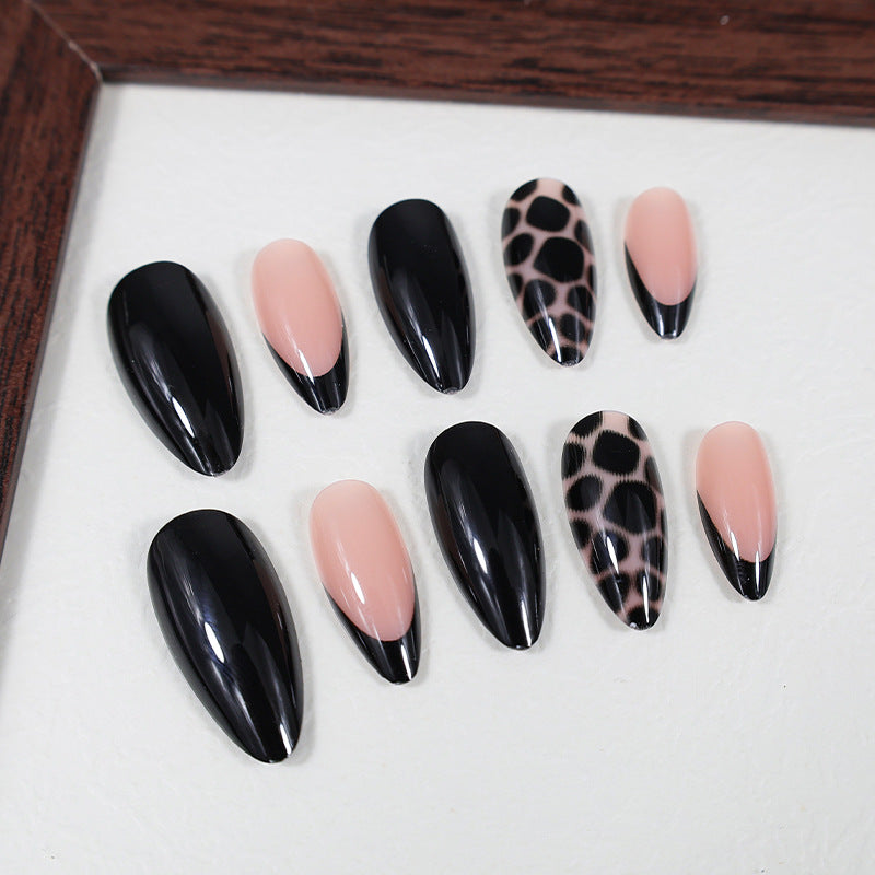 French Tip & Leopard Print Press-On Nails, Almond, 24-Piece Set – close-up detail
