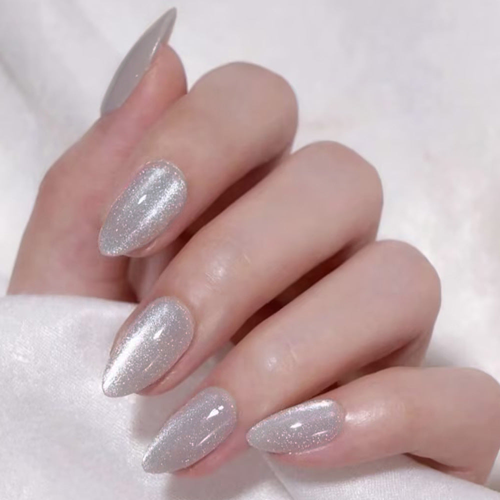Medium Almond Silver Accent & Glitter Press-On Nail Set (24 Pieces) – front view