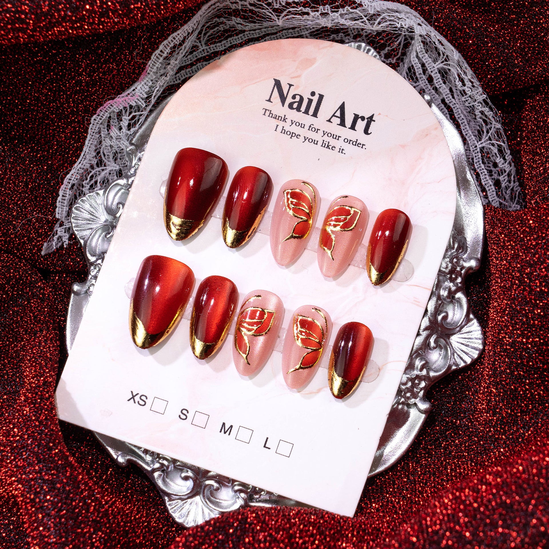 Cat Eye & Wine Red Press-On Nails – close-up detail