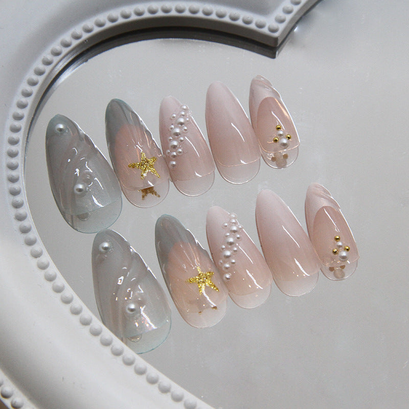 Mermaid Shell & Star Glitter Press-On Nails, Ice-Clear Finish – side angle