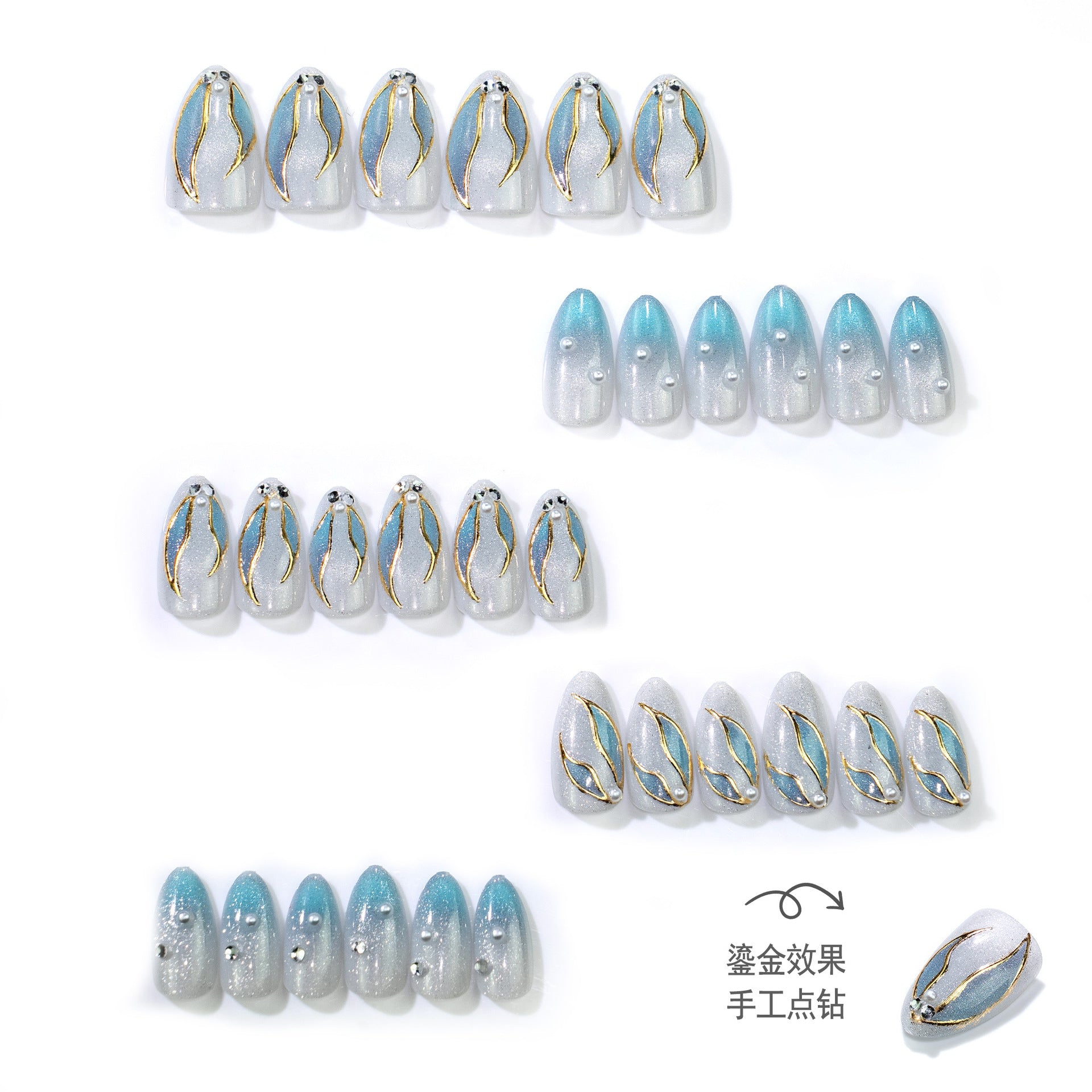 Gold-Plated & Cat Eye Nails, 30 Pieces – side angle