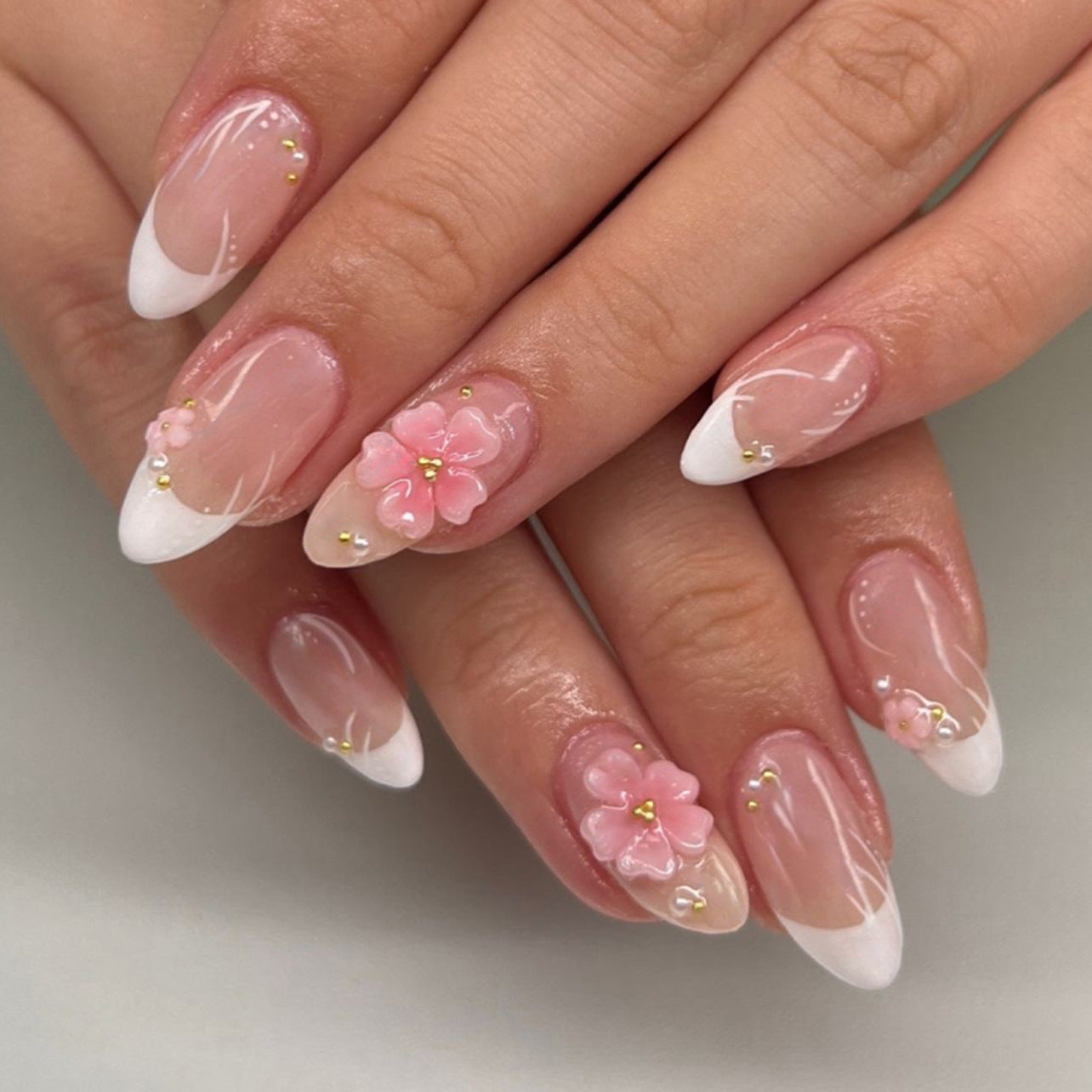 Short Almond French Tip & Floral Press-On Nail Set (24 Pieces) – side angle