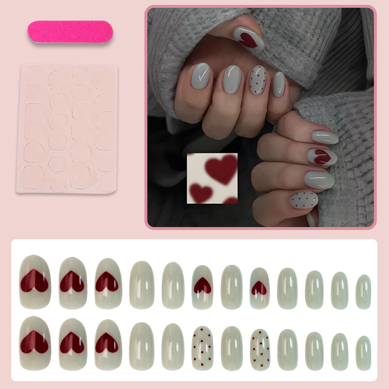 Polka Dot & Heart Press-On Nail Set (24 Pieces) – close-up detail