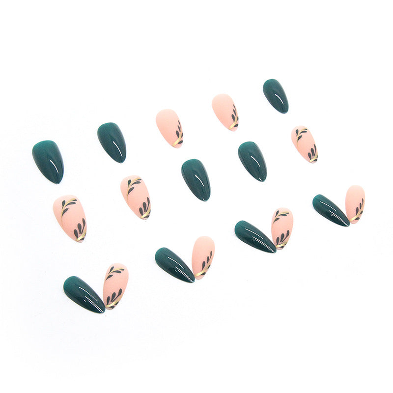 Frosted Finish & Leaf Motif Almond Press-On Nails, Almond on hand