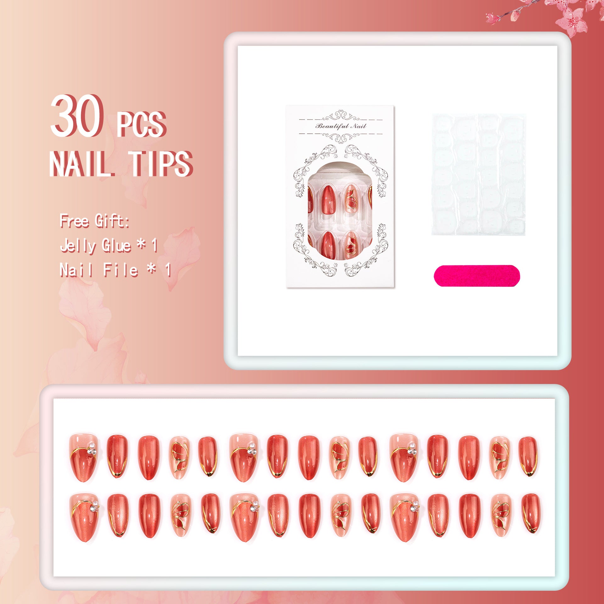 Cat Eye & Butterfly French Nails, Short Almond, 30 Pieces on hand