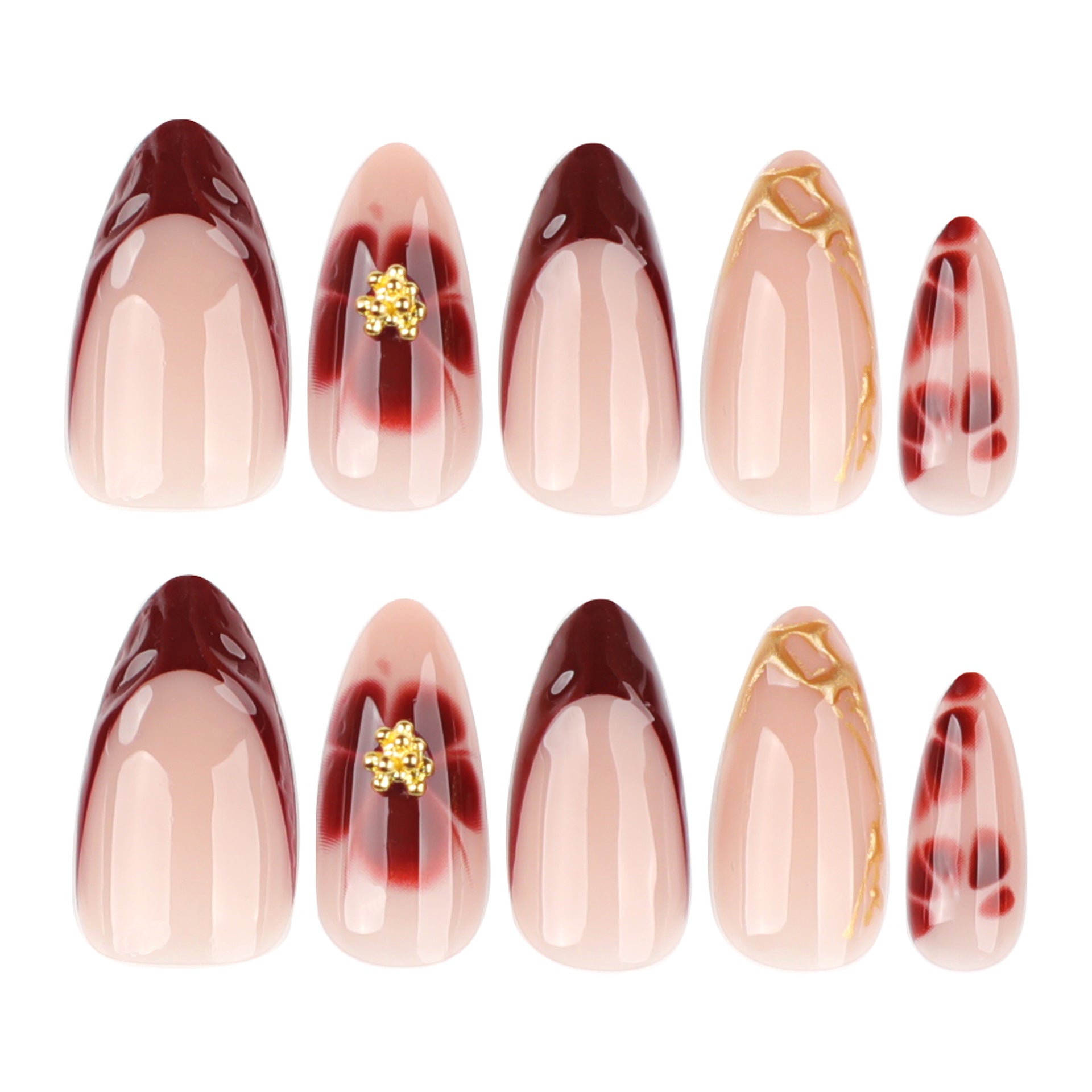 Medium Almond French Tip & Floral Press-On Nail Set (24 Pieces) – full set laid out
