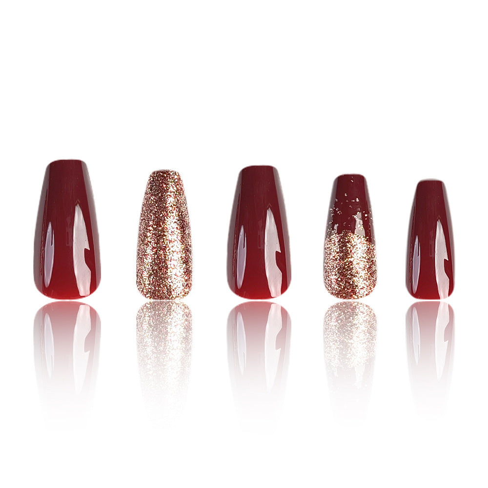 Glitter & Wine Red Press-On Nail Set (24 Pieces) on hand