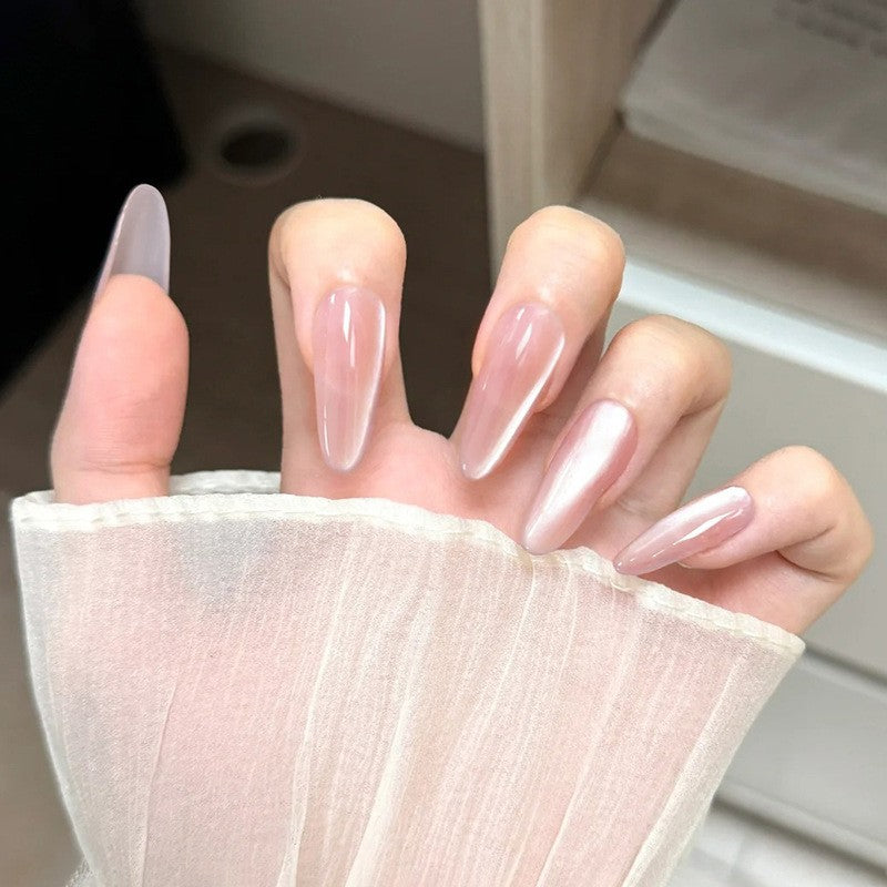 Cat Eye Shimmer Press-On Nails with 3D Flower Detail, Almond – side angle