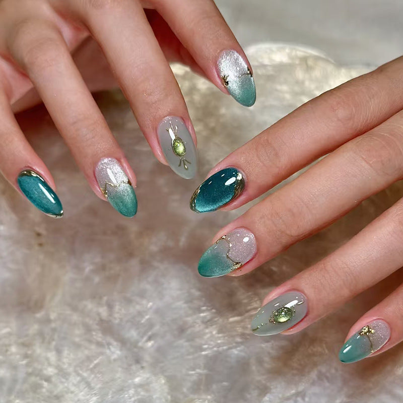 Emerald Green & Gemstone Cat Eye Press-On Nails, Medium – front view