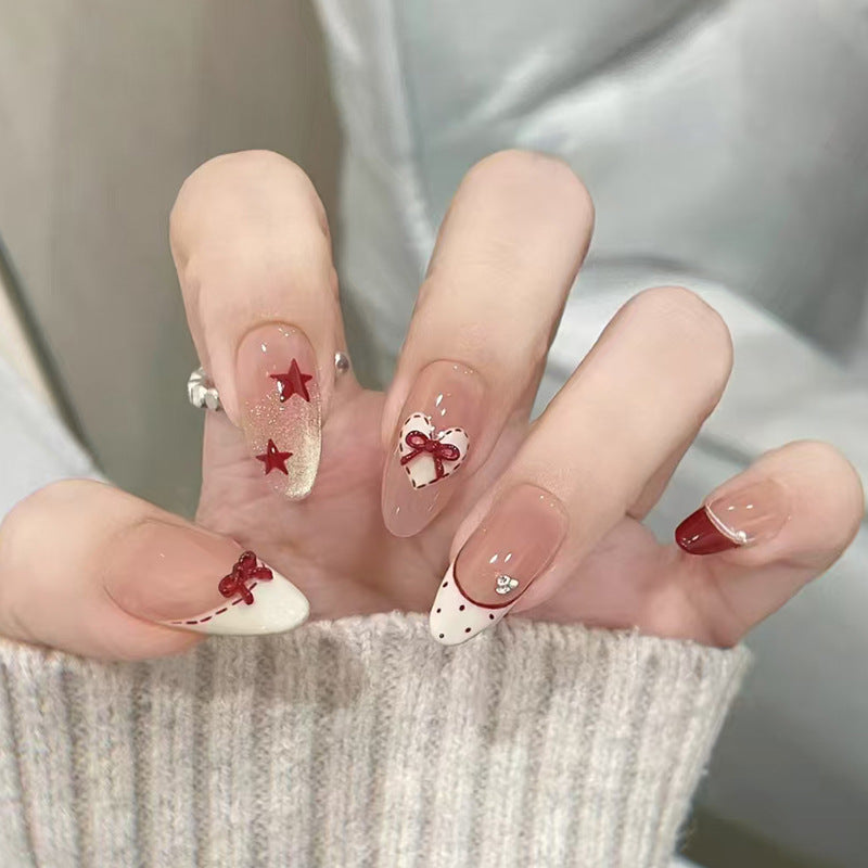 Medium Almond Bowknot & Polka Dot Press-On Nail Set (30 Pieces) – front view