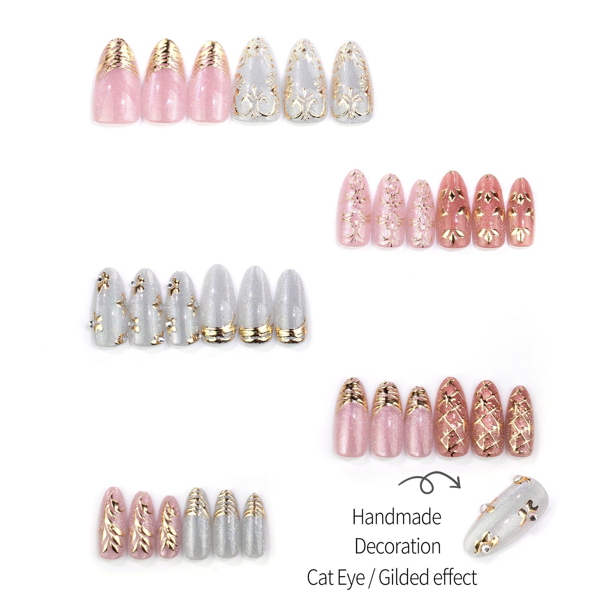 French Tip & Gold-Plated French Nails, Medium Almond, 30 Pieces – side angle