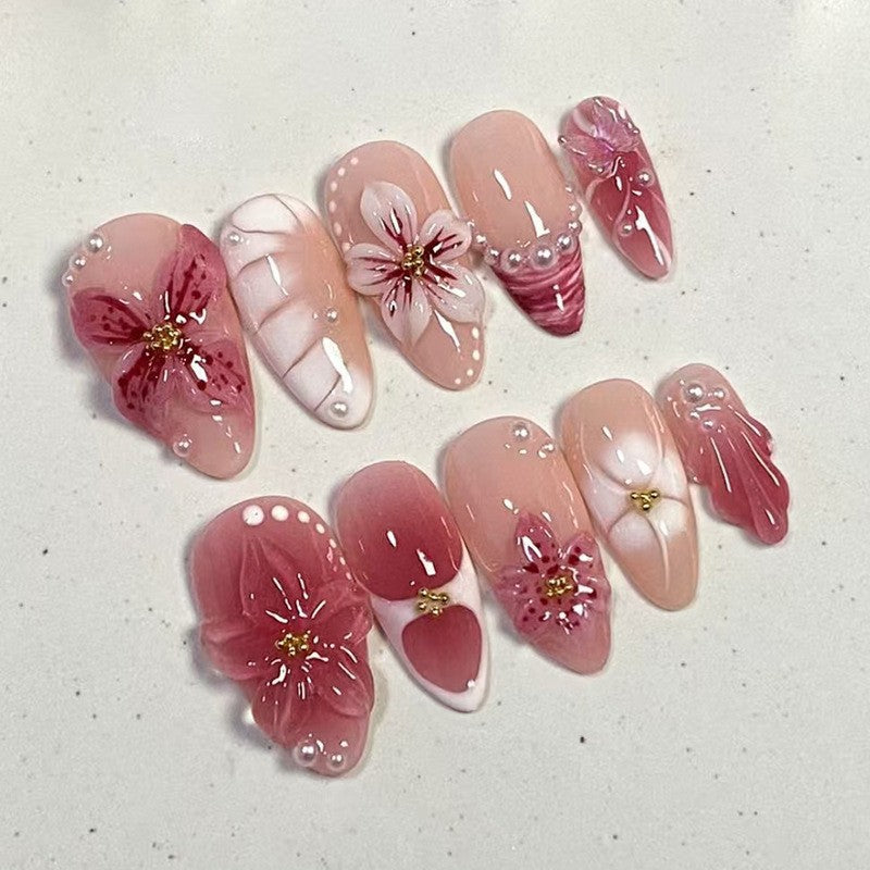 Cat Eye Shimmer Press-On Nails with 3D Flower Detail, Almond – close-up detail