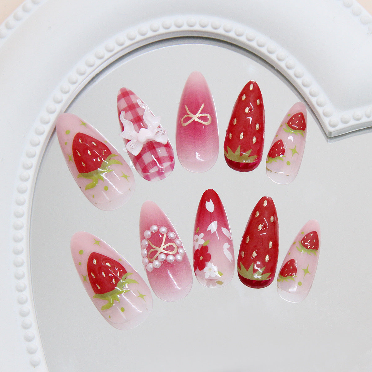 Strawberry & Pearl Detail Almond Nails, Medium Almond, 24 Pieces on hand