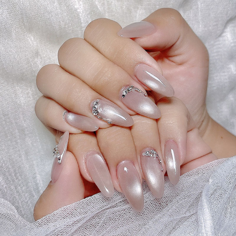 Glitter & Beaded Detail Cat Eye Press-On Nails – front view