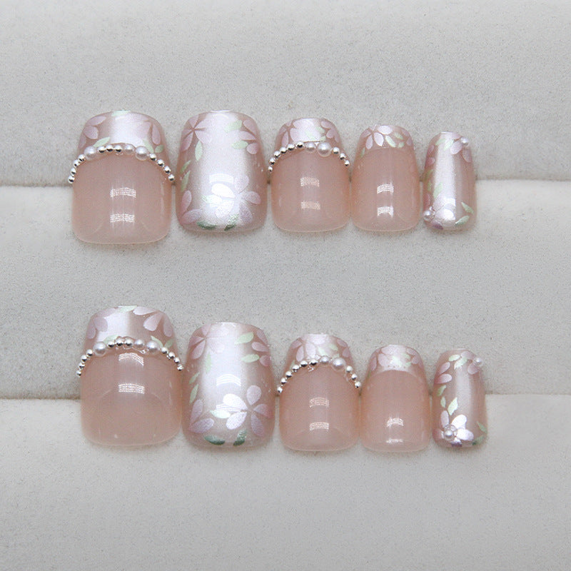 Floral & Cat Eye Press-On Nails, Short Ballerina on hand