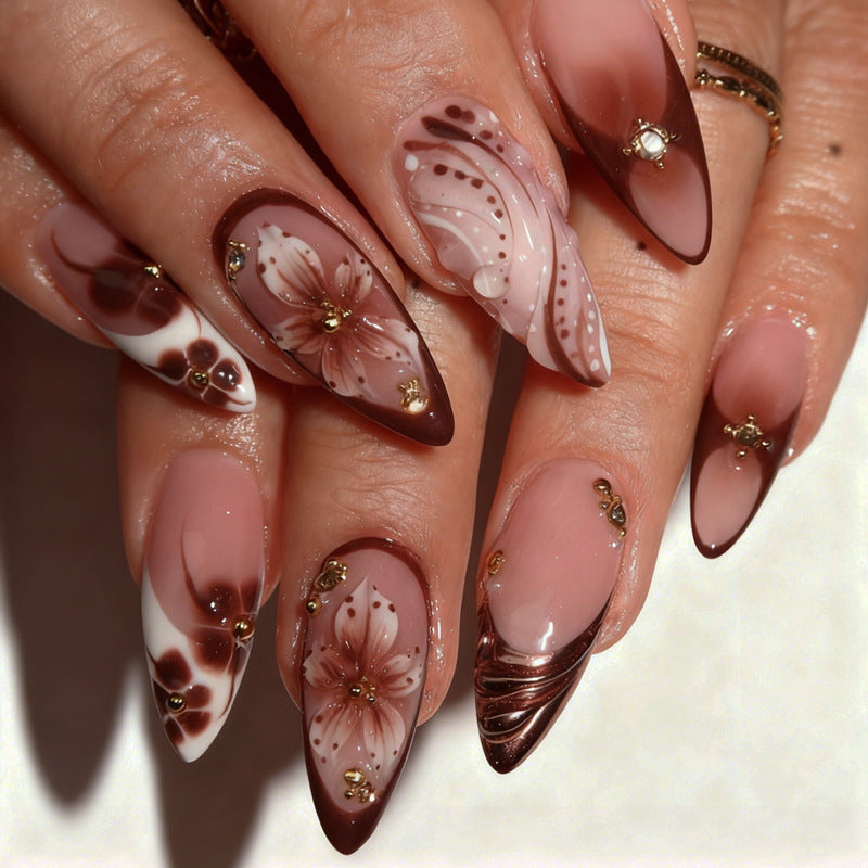 3D Flower & Embossed Texture Ombre Nails, 24 Pieces – front view