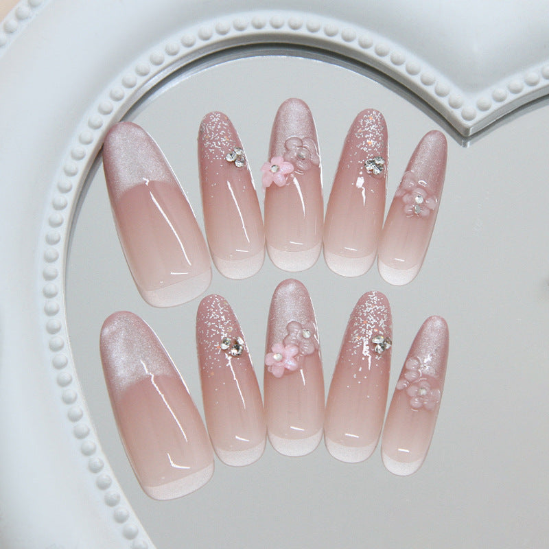 Cat Eye & French Tip Cat Eye Press-On Nails, Long Almond on hand