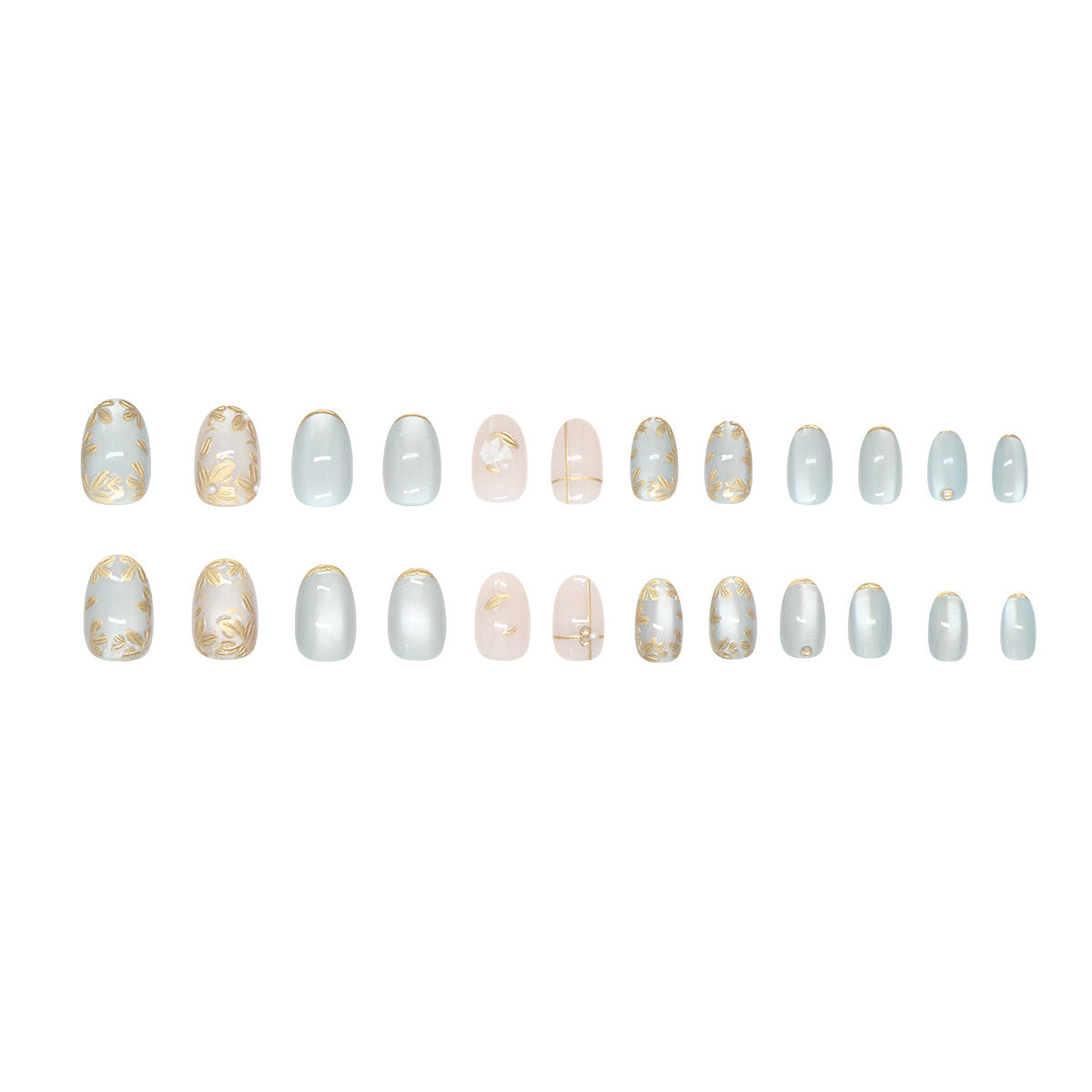 Cat Eye & Gold-Plated Cat Eye Nails, Short Oval, 24 Pieces – full set laid out
