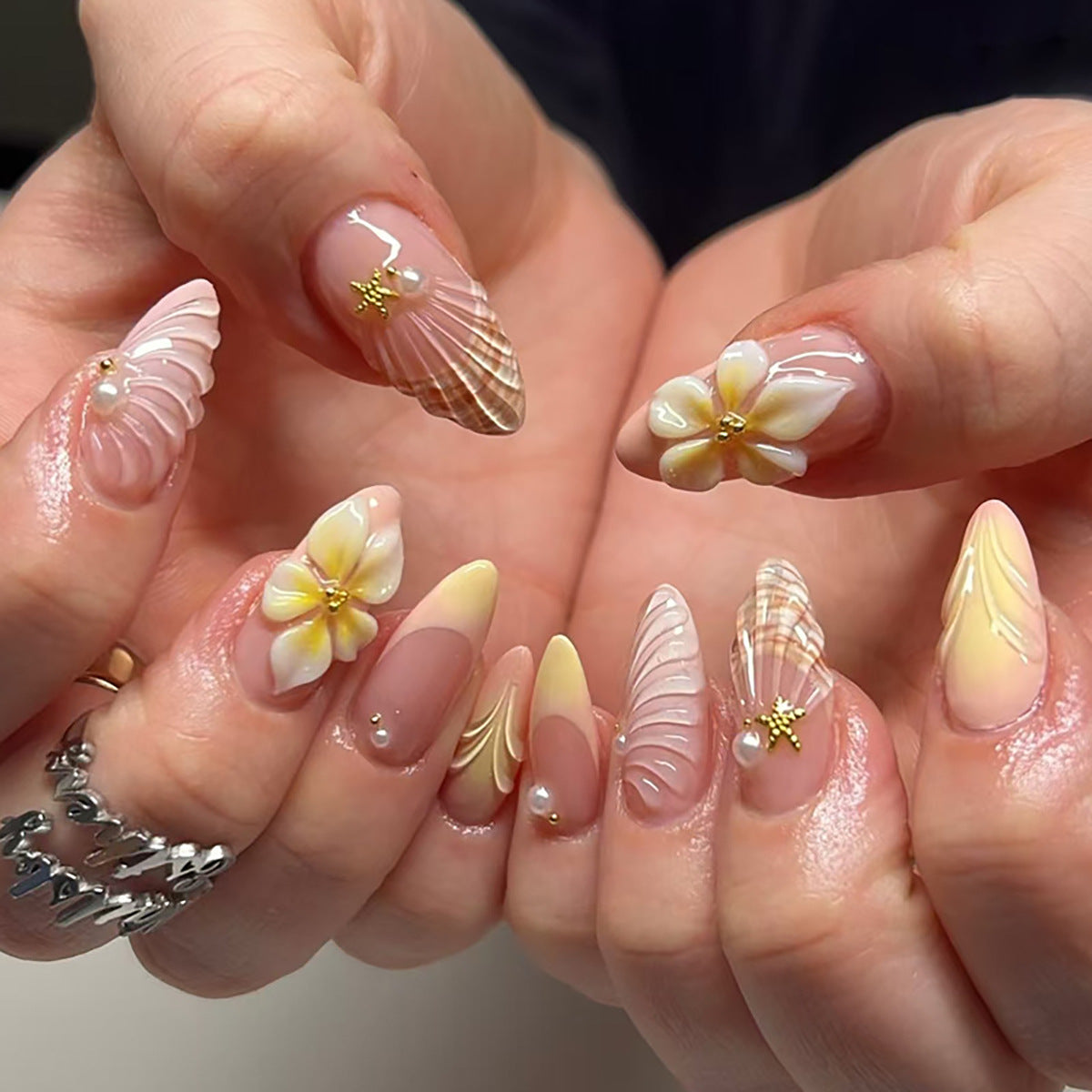 Shell & Floral Almond Press-On Nails, Medium Almond – front view