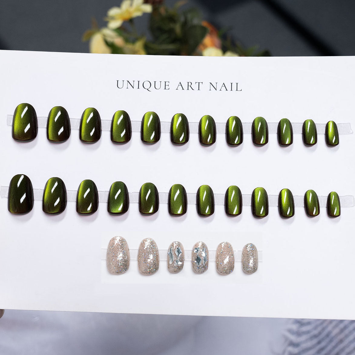 Duo-Tone Shimmer & Cat Eye Press-On Nails, Short Almond on hand