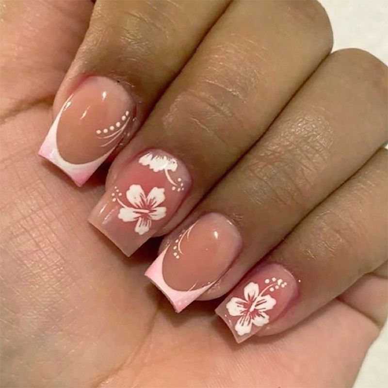 French Tip & Floral Press-On Nails, Short, 24-Piece Set – front view