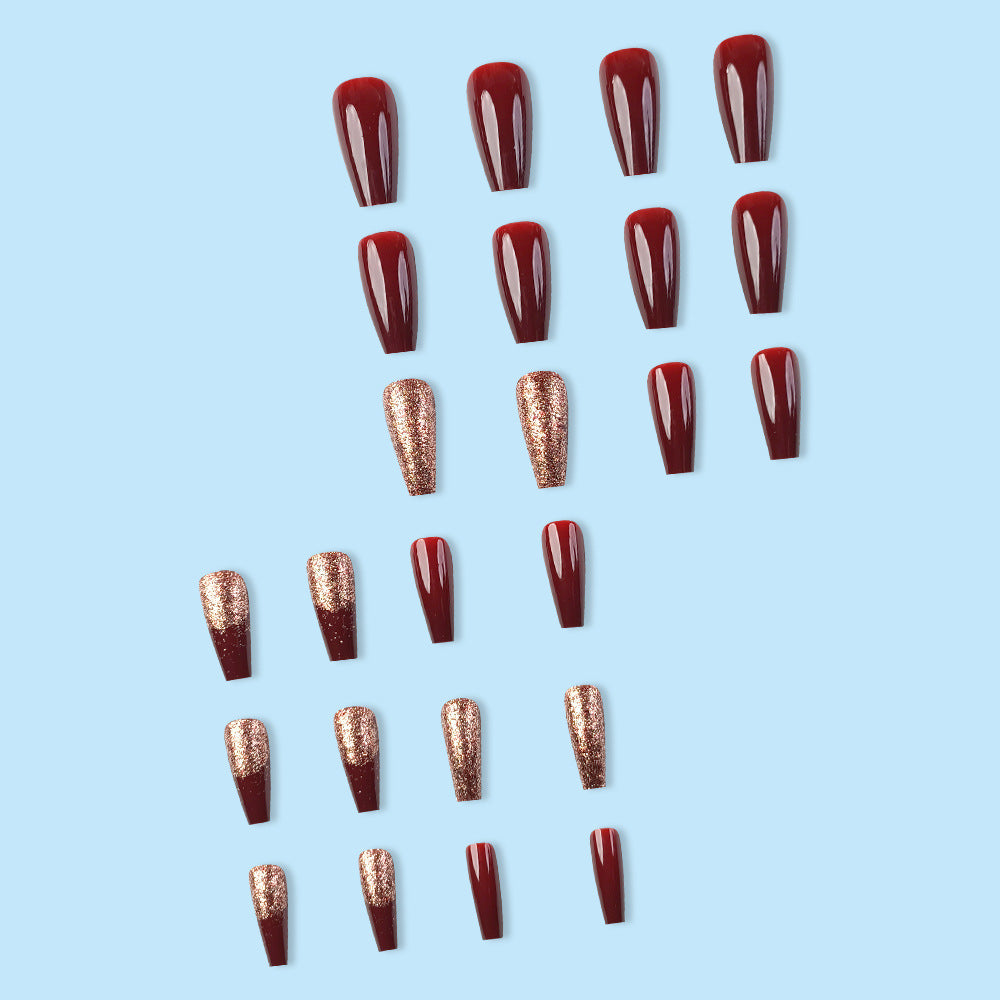 Glitter & Wine Red Press-On Nail Set (24 Pieces) – side angle