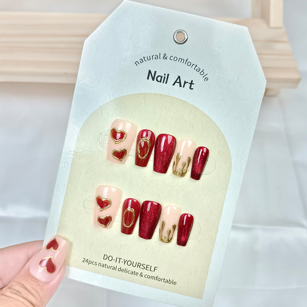 Wine Red & Heart Press-On Nail Set (24 Pieces) – close-up detail