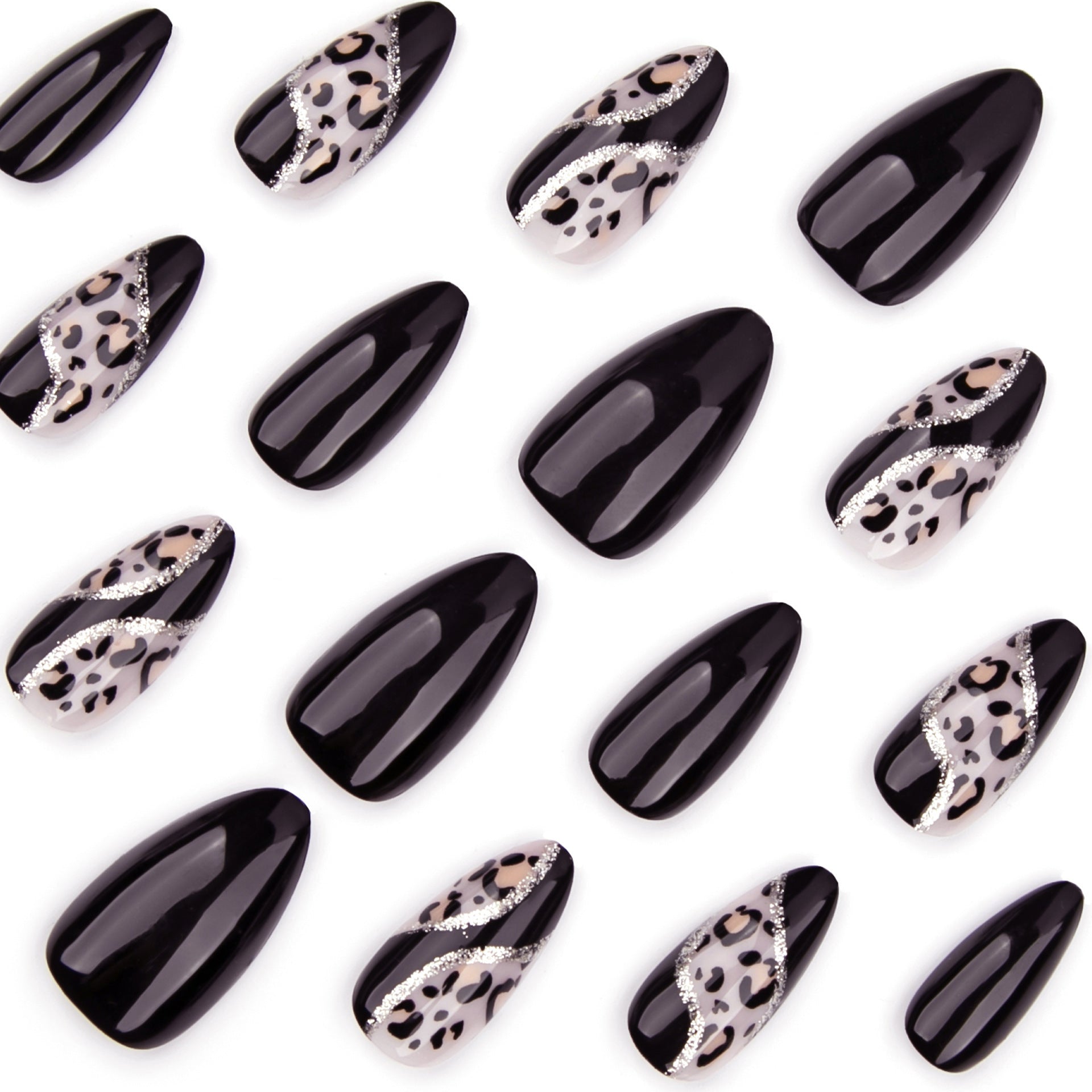 Short Almond Leopard Print & Color-Block Stitching Press-On Nail Set (24 Pieces) – side angle