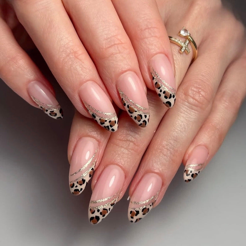 French Tip & Leopard Print French Nails, Almond, 24 Pieces – front view