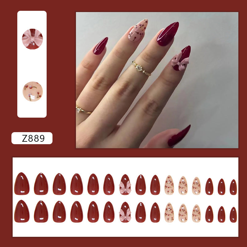 Solid Color & Bowknot Gel Press-On Nails, 30 Pieces – close-up detail