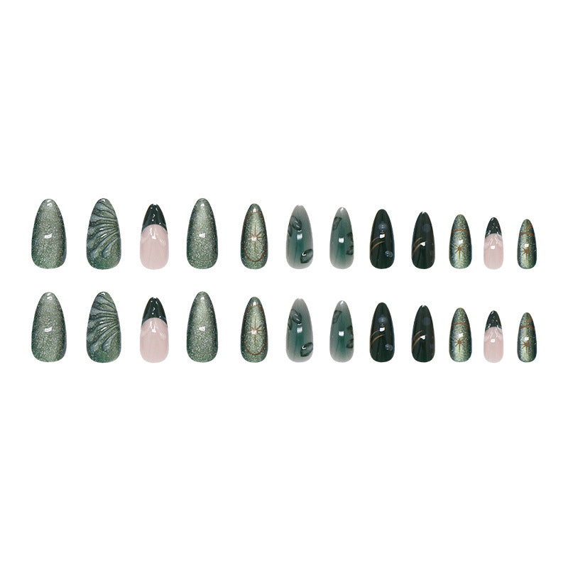 Corrugated Texture & French Tip Cat Eye Press-On Nails, Medium Almond – full set laid out