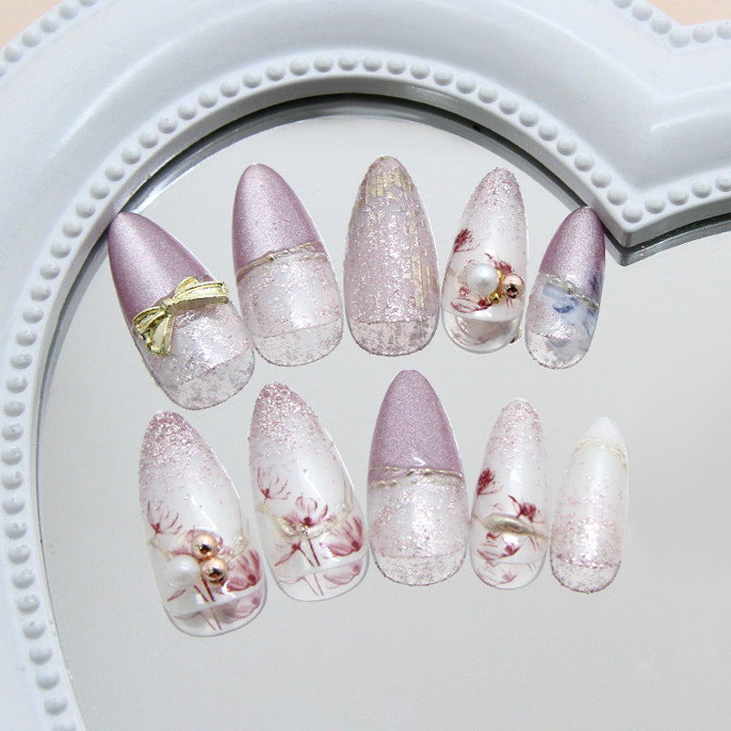 Pearl Detail & Bowknot Press-On Nails, Medium Almond on hand