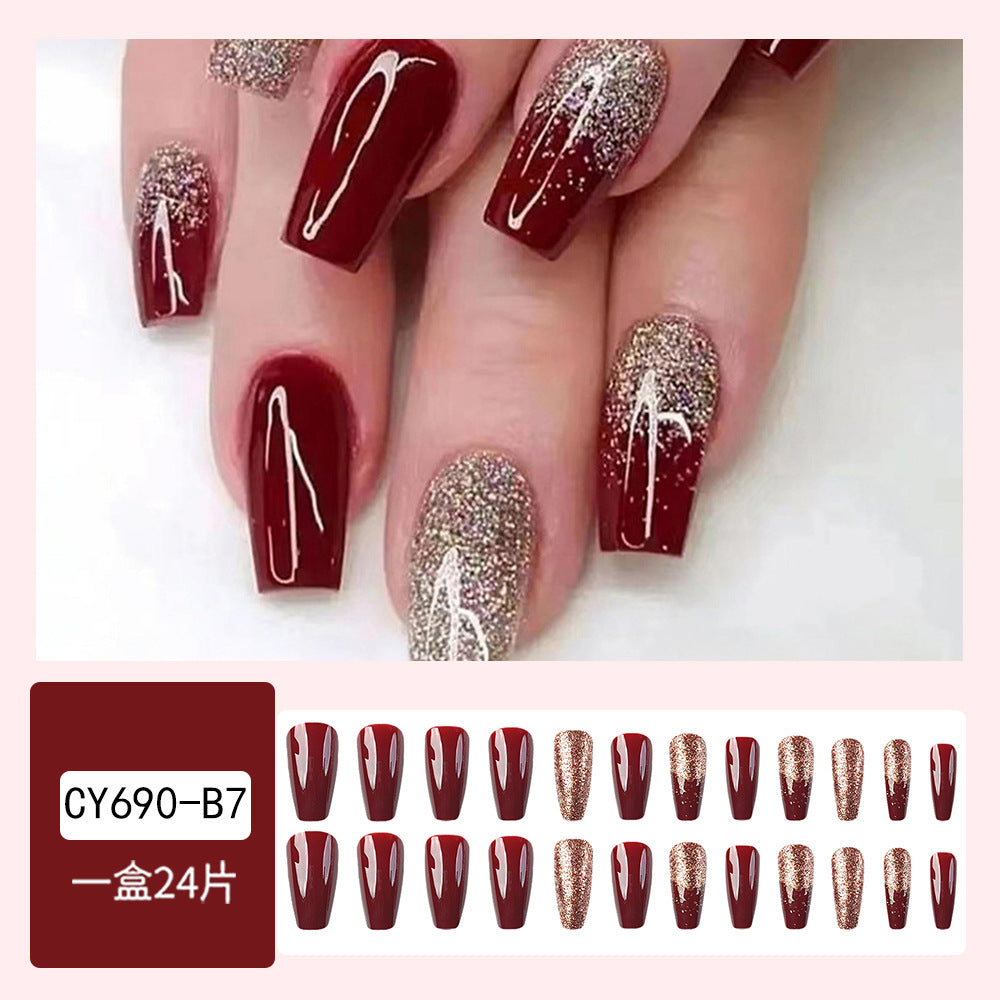 Glitter & Wine Red Press-On Nail Set (24 Pieces) – close-up detail