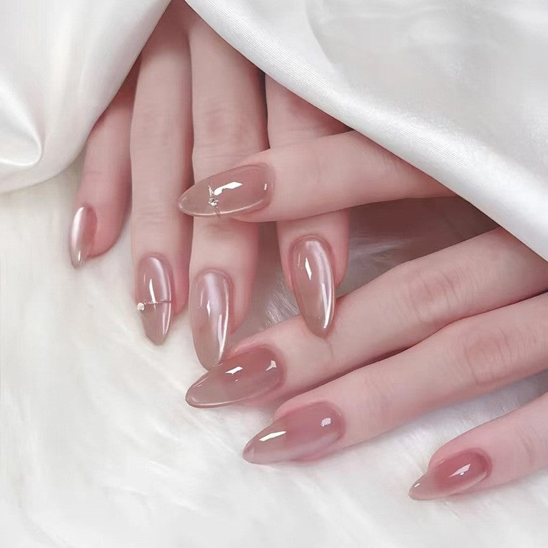 Cat Eye Shimmer Press-On Nails with 3D Flower Detail, Almond – full set laid out