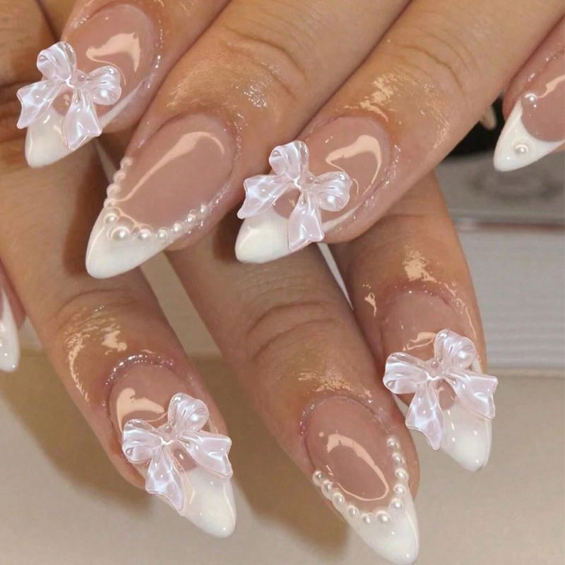 French Tip & Bowknot Press-On Nails, Almond, 24-Piece Set – front view