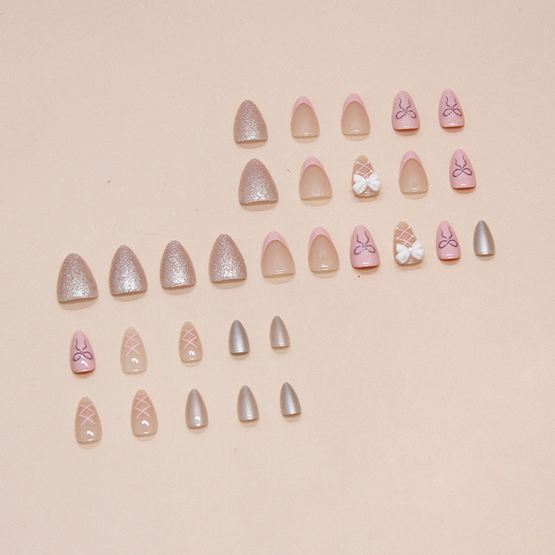 Medium Almond Bowknot & Solid Color Press-On Nail Set (24 Pieces) on hand