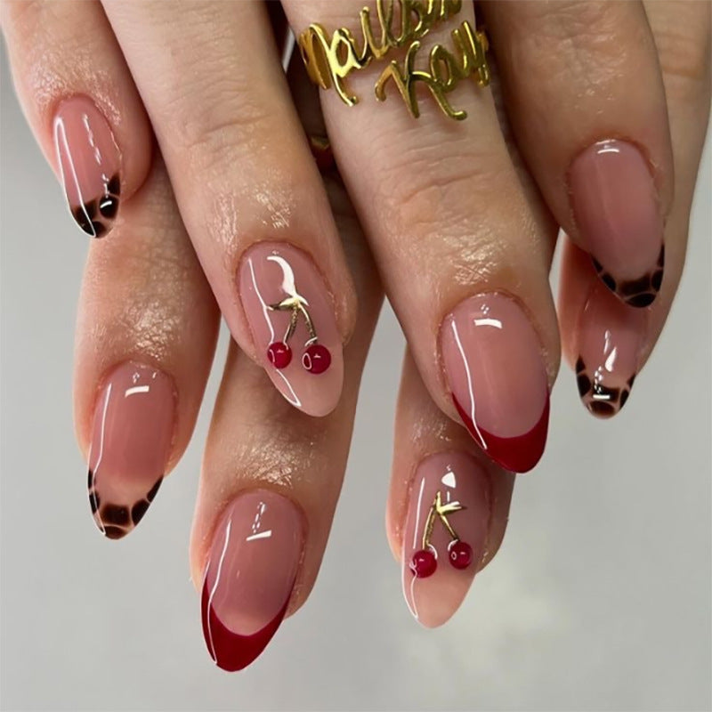 French Tip & Cherry Press-On Nails, Short, 24-Piece Set – front view