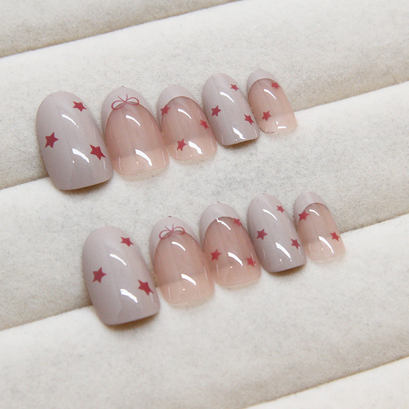 French Tip & Bowknot Press-On Nails, Short on hand