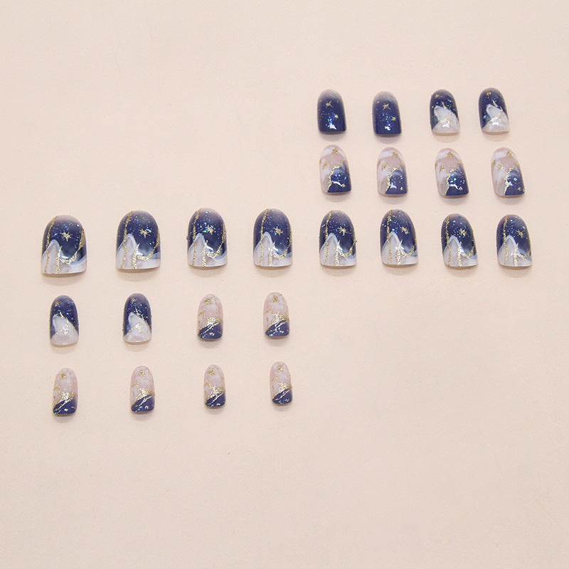 Blue Ombre Quicksand Press-On Nails, Short Oval – side angle