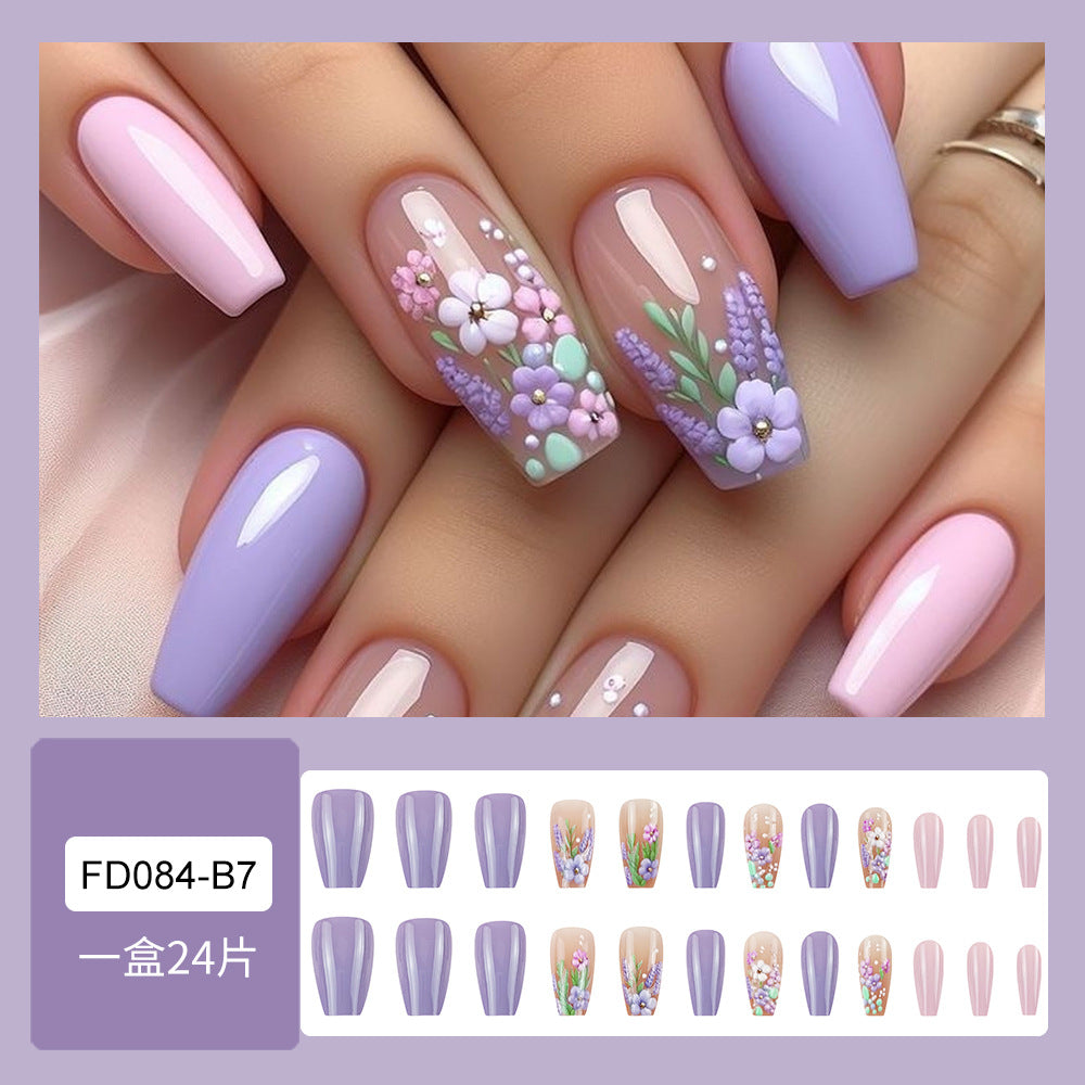 Floral & Embossed Texture Press-On Nails, Short, 24-Piece Set – close-up detail