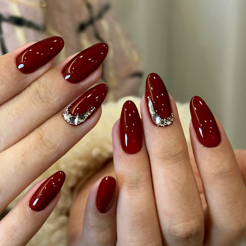 Wine Red & Glitter Press-On Nails, Medium Almond – front view