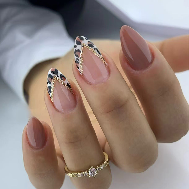 Solid Color & Leopard Print French Nails, 24 Pieces – front view