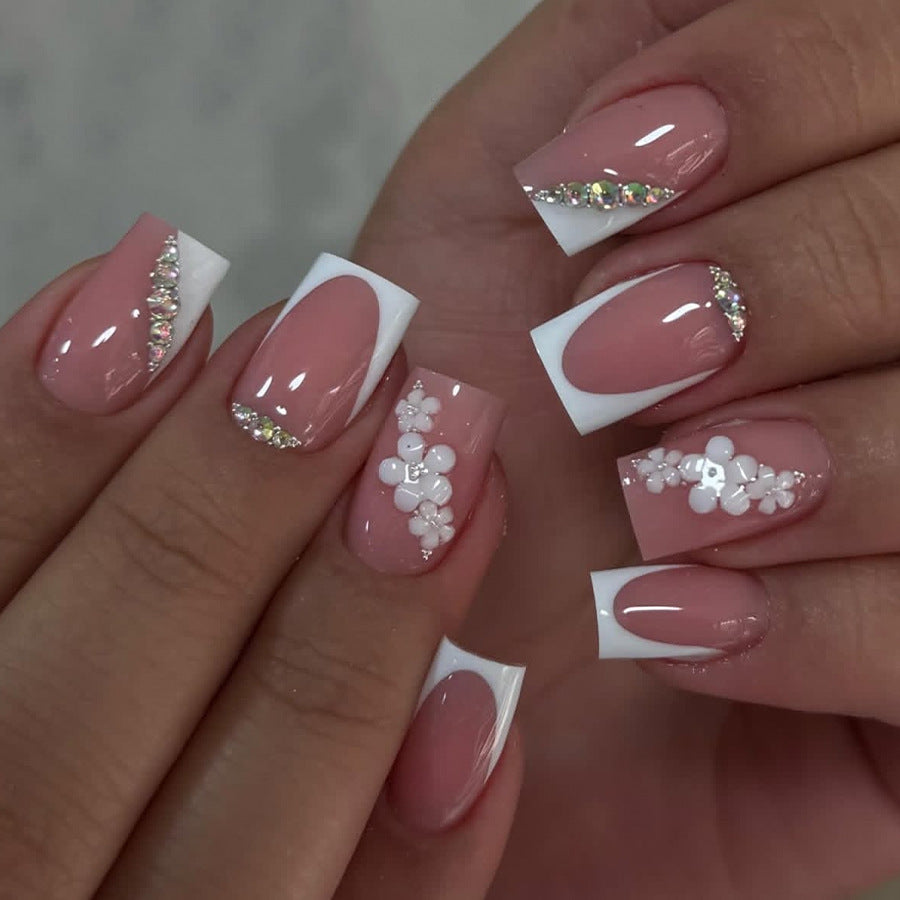 French Tip & Floral Press-On Nails – front view