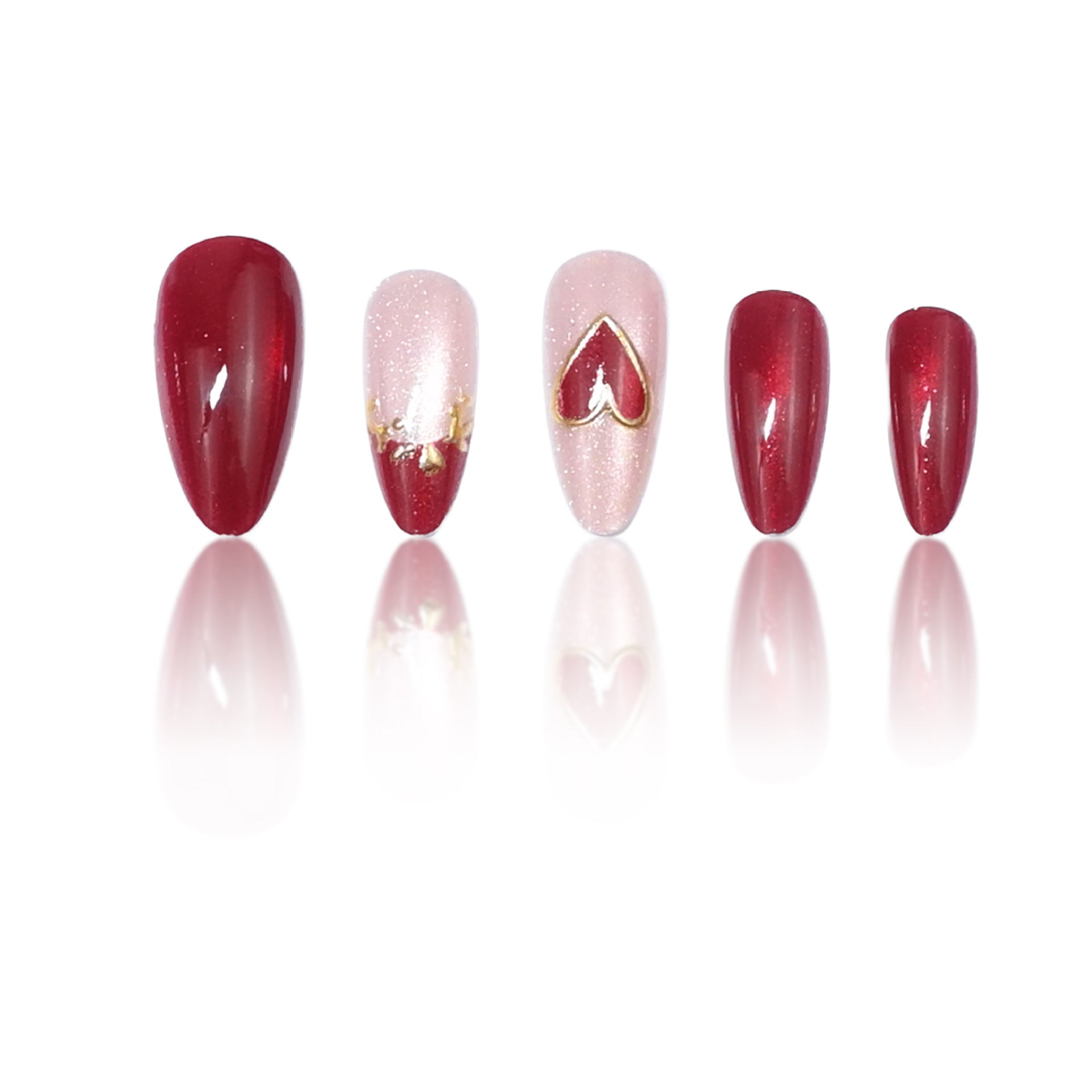 Wine Red & French Tip Cat Eye Press-On Nails, Medium Almond – side angle