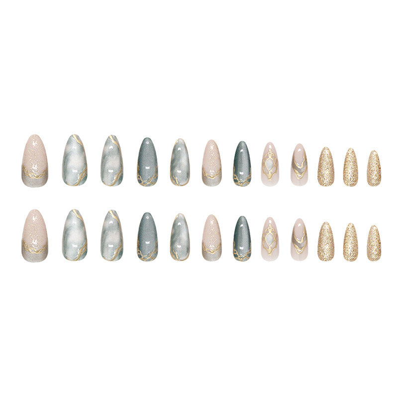 Cat Eye & Gold-Plated Press-On Nails, Medium Almond, 24-Piece Set – full set laid out