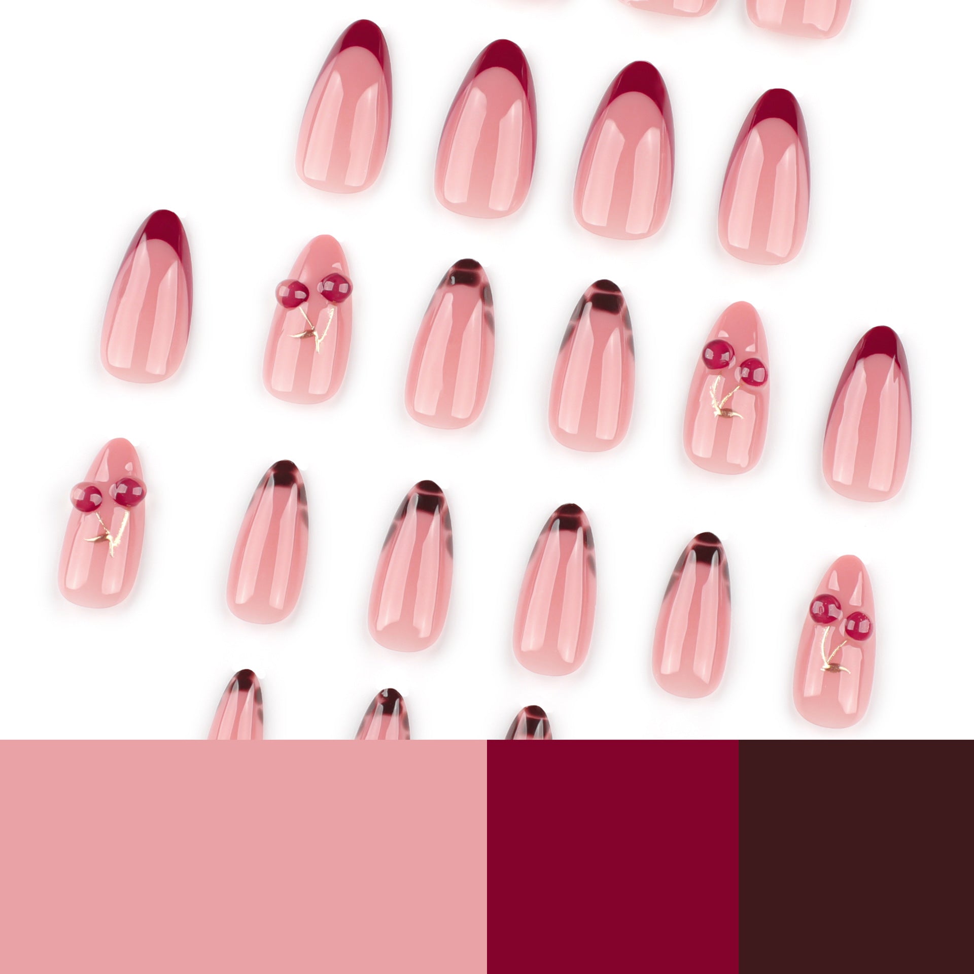French Tip & Cherry Press-On Nails, Short, 24-Piece Set on hand