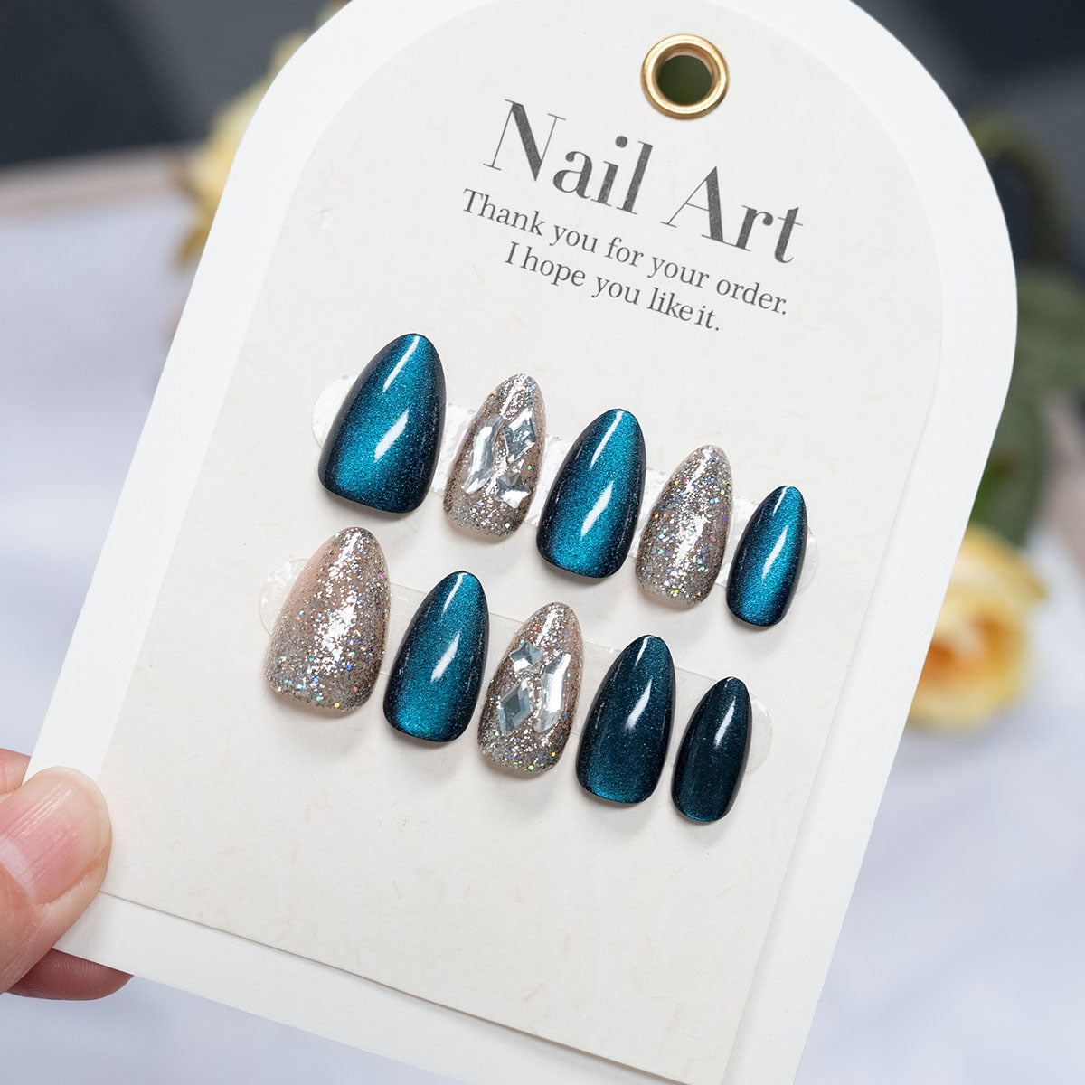 Duo-Tone Shimmer & Cat Eye Nails, Short Almond, 24 Pieces – side angle