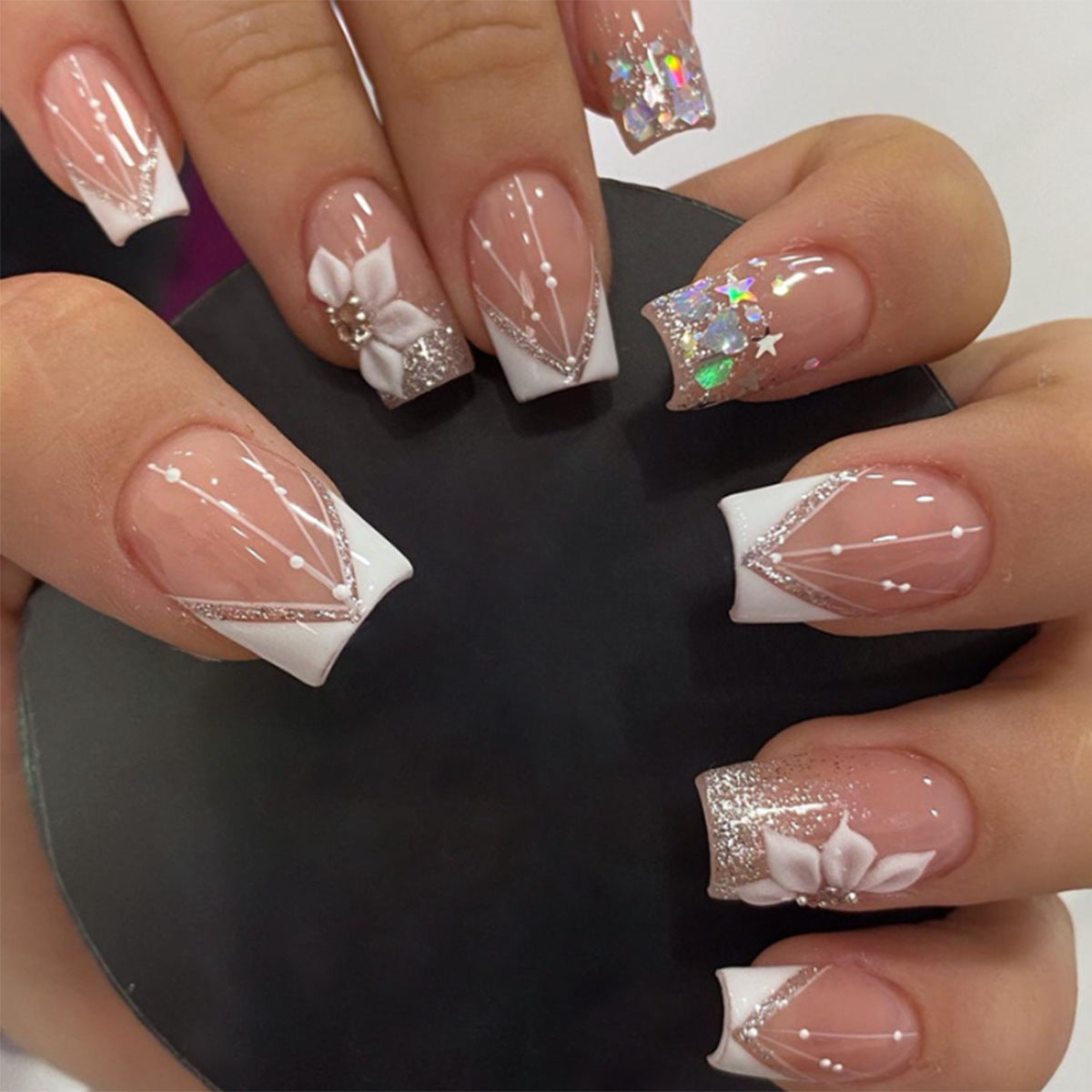 French Tip & Rhinestone Press-On Nails, Short Square – front view