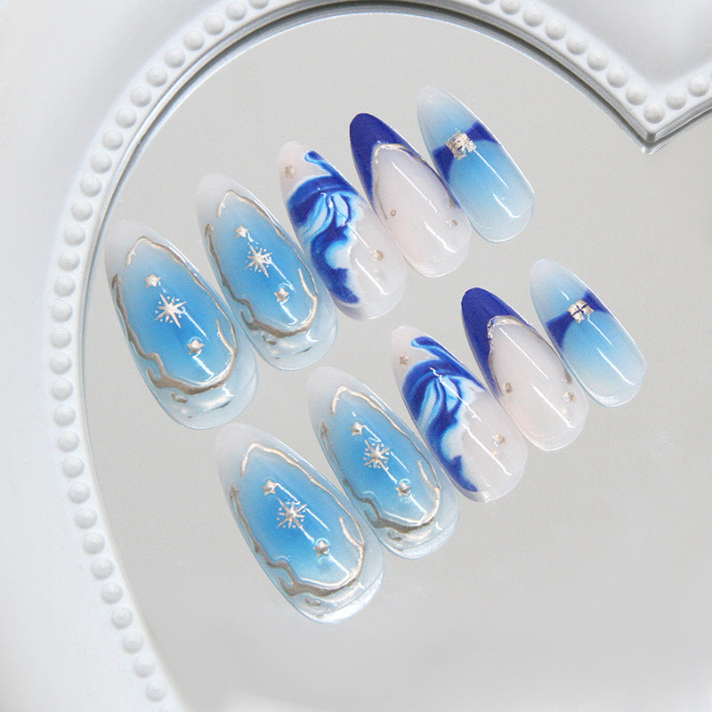 Wave Texture & French Tip French Nails, Medium Almond, 24 Pieces – side angle