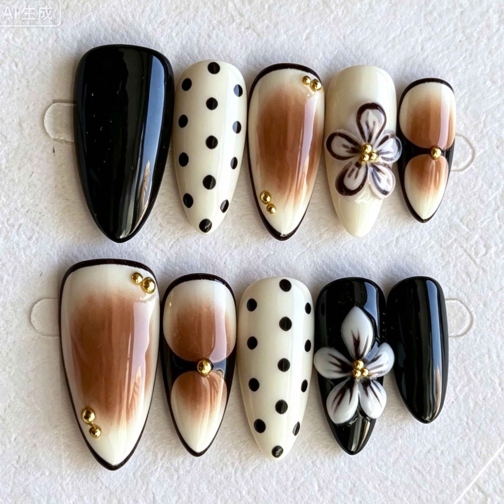 Polka Dot & Floral Press-On Nails, Short Almond – front view